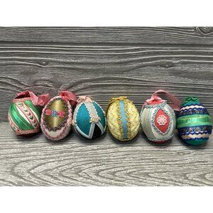 Vintage Handmade Easter Egg Ornaments Lot f 6 Ribbon Fabric Lace Rick Rack 2.25”